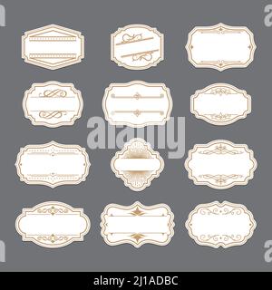 Ensemble d'étiquettes dorées vintage ornées. Cadres décoratifs rétro, modèle d'invitation à un mariage, bordures à tourbillons. Peut être utilisé pour l'ornement traditionnel, solde St Illustration de Vecteur
