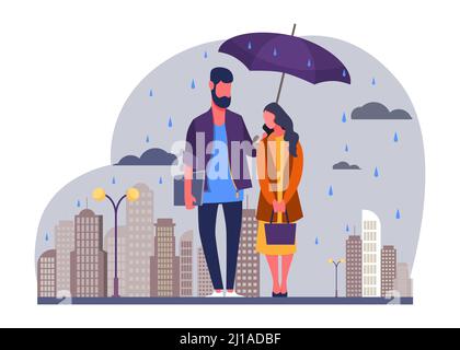 Jeune couple dans l'illustration de vecteur de pluie. Homme et femme en imperméable debout sous un parapluie dans la rue urbaine. Image de pluie d'automne pour la météo, la saison, c Illustration de Vecteur