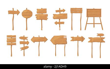 Collection de panneaux en bois sur tige à vecteur plat. Jeu d'illustrations de panneaux de signalisation vides en bois, bannières, flèches de pointeur. Concept d'information sur la direction et la voie Illustration de Vecteur