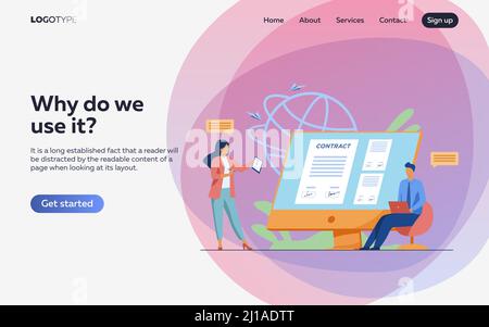 Les gens d'affaires signant le contrat en ligne avec l'illustration de vecteur de signe électronique. Les responsables parviennent à un accord officiel. Documents officiels, contr. En ligne Illustration de Vecteur