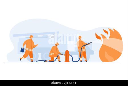 Les pompiers courageux s'enflamme avec l'illustration du vecteur à flamme plate. Pompiers de dessins animés portant un uniforme et un casque. Service des incendies, service d'urgence a Illustration de Vecteur