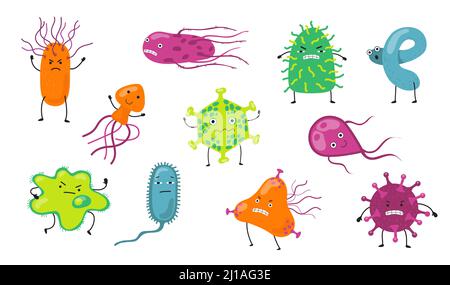 Jeu d'icônes plates de caractères de virus de dessin animé. Une collection d'illustrations vectorielles isolées de bactéries d'infection amusantes, de germes de grippe, de bacille et de micro-organismes. Mi Illustration de Vecteur