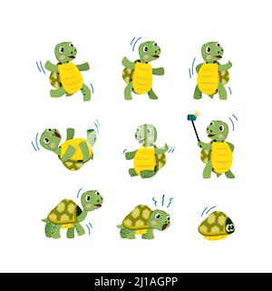 Ensemble mignon petit tortue plate icône. Dessin animé souriant animal personnage danse, marche et avoir amusant isolé vecteur collection d'illustration. Mascotte et Illustration de Vecteur