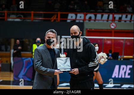 Patra, Lombardie, Grèce. 23rd mars 2022. Ex Olympiacos joueur VASSILIS SPANOULIS lors du match EUROCUP 7days entre Promitheas Patras et Virtus Bologna à Dimitris Tofalos Arena le 23 mars 2022 à Patra, Grèce. (Image de crédit : © Stefanos Kyriazis/ZUMA Press Wire) Banque D'Images