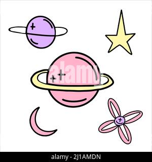 Ensemble d'objets d'espace vectoriel dessinés dans un style plat. Planètes et étoiles roses et violettes. Illustration de l'espace pour enfants. Illustration de Vecteur