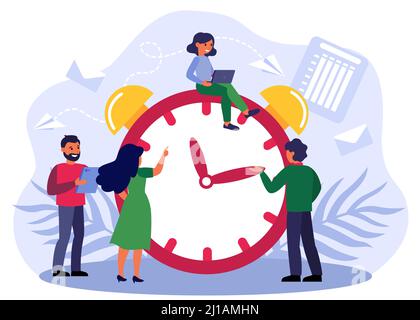 Des gens heureux qui ajustent le réveil. Équipe efficace avec des gadgets travaillant au chronomètre, illustration vectorielle pour la gestion du temps, compte à rebours, s Illustration de Vecteur