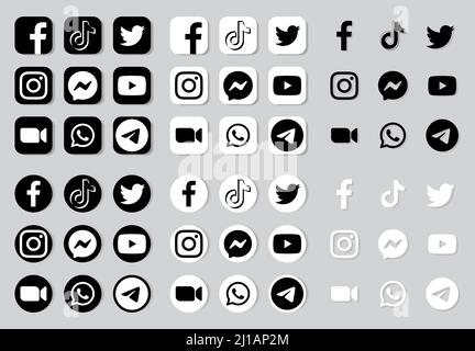 Kiev, Ukraine - 03 juillet 2021 : ensemble d'icônes et de logos noir et blanc sur les médias sociaux et les applications mobiles, sous différentes formes : Facebook, Twitter, Instagram, Illustration de Vecteur