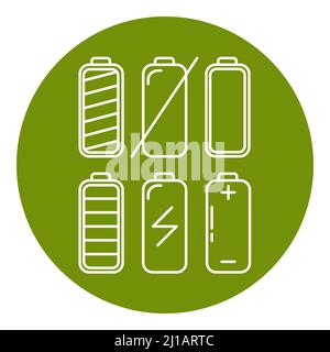 Ensemble d'indicateurs de niveau de charge de la batterie en ligne fine. Symboles de charge d'énergie dans un cadre rond. Illustration de Vecteur