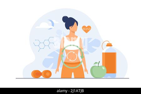 Processus métabolique de la femme sur le régime alimentaire. Illustration du système de digestion, de l'énergie alimentaire, du vecteur plat du système hormonal. Concept de saine alimentation pour bannière, site Web Illustration de Vecteur