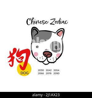 Chien chinois zodiaque avec mot chinois moyen chien dessin animé illustration vectorielle Illustration de Vecteur
