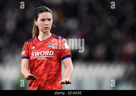 Turin, Italie. 23 mars 2022. Damaris Egurrola Olympique Lyonnais gestuelle lors du match de football du quart de finale de la Ligue des champions de l'UEFA entre le Juventus FC et l'Olympique Lyonnais. Credit: Nicolò Campo/Alay Live News Banque D'Images