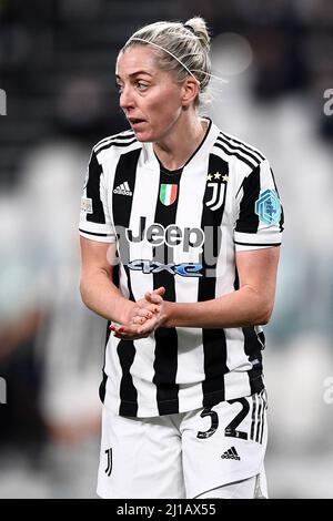 Turin, Italie. 23 mars 2022. Linda Sembrant du Juventus FC réagit lors du match de football de la première jambe de la finale de la Ligue des champions de l'UEFA entre le Juventus FC et l'Olympique Lyonnais. Credit: Nicolò Campo/Alay Live News Banque D'Images