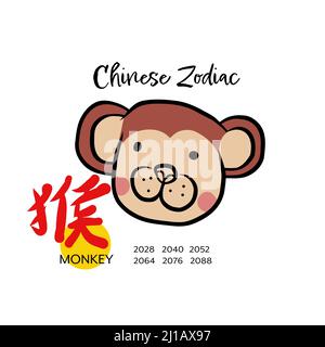 Singe chinois zodiaque avec mot chinois moyen singe dessin animé illustration vectorielle Illustration de Vecteur