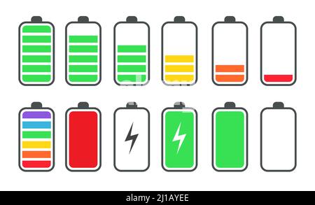 Ensemble de symboles plats d'état de charge de la batterie du téléphone. Indicateur de charge ou de recharge, collection d'illustrations vectorielles isolées à chargement de puissance. Symbo de l'interface utilisateur du smartphone Illustration de Vecteur