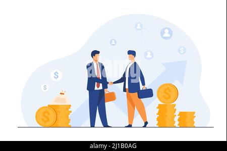 Deux partenaires commerciaux se sont associés à une illustration vectorielle plate. Les hommes d'affaires caricatures concluent un accord pour réussir. Partenariat, travail d'équipe et négociation Illustration de Vecteur