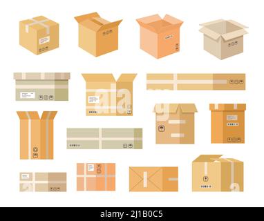 Ensemble d'icônes plates de boîtes en carton diverses. Collection d'illustrations vectorielles isolées dans les emballages papier et carton ouverts. Emballage d'expédition, de livraison et de stockage Illustration de Vecteur