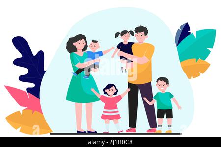 Parents fatigués avec une grande équipe d'enfants. Jeune couple marchant avec un groupe d'enfants méchants, actifs, heureux à l'extérieur. Illustration vectorielle pour grande famille Illustration de Vecteur