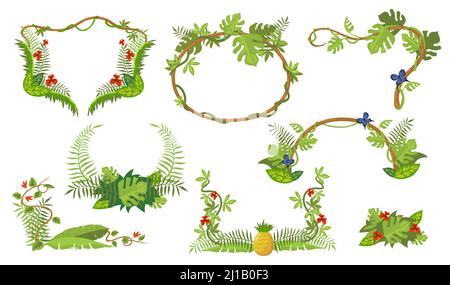 Ensemble de cadres pour plantes tropicales. Branches et feuilles de forêt de jungle. Illustration vectorielle pour modèles de bordure, jeu en ligne, aventure, concept de nature Illustration de Vecteur