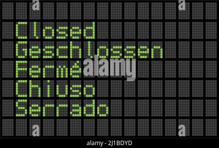 Affiche fermée multilingue écrite en anglais allemand français italien et espagnol sur écran à matrice de points Banque D'Images