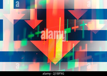 Des flèches indiquant une tendance à la baisse de l'économie en période de crise mondiale ou une tendance à la baisse des actions en bourse en Grèce. Banque D'Images