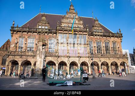 Brême, Allemagne. 24th mars 2022. Les militants du PETA déguisés en poissons et portant des pancartes protestent sur la place du marché. Avec l'action de protestation, l'organisation des droits des animaux veut attirer l'attention sur le fait que les créatures marines sont des êtres sensibles et peuvent sentir la douleur et la peur. Credit: Sina Schuldt/dpa/Alay Live News Banque D'Images