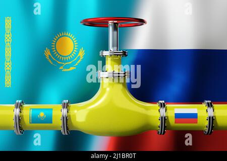 Gazoduc, drapeaux du Kazakhstan et de la Russie - 3D illustration Banque D'Images