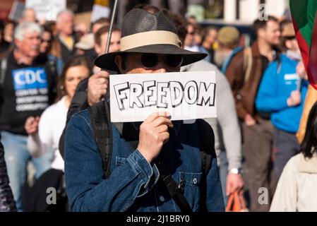 Liberté. Manifestant avec liberté sur un écriteau, protestant contre la loi sur la sécurité en ligne, faisant référence à la liberté d'expression Banque D'Images