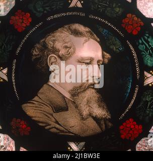 Portrait de Charles Dickens (1812-1870) sur vitrail Banque D'Images