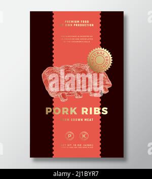 Modèle de conception d'étiquettes d'emballage vectoriel pour les côtes de porc cultivées sur une ferme. Bannière typographique moderne, silhouette de viande dessinée à la main. Papier couleur Illustration de Vecteur