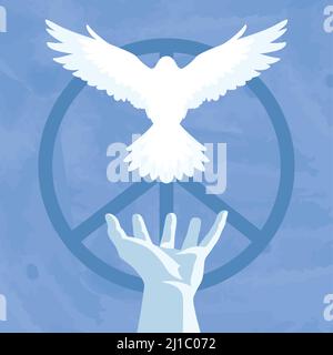 Oiseau blanc volant d'une main Bleu paix concept fond Vector Illustration de Vecteur