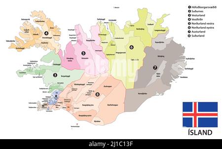 Carte vectorielle des divisions administratives de l'Islande Illustration de Vecteur