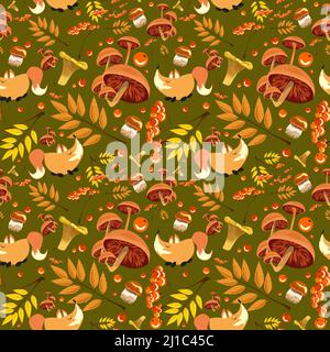 Motif forêt d'automne avec de mignons renards, champignons, fruits rowan et feuilles. Motif transparent pour les projets de tissu, de papier et autres projets d'impression et de Web. Banque D'Images