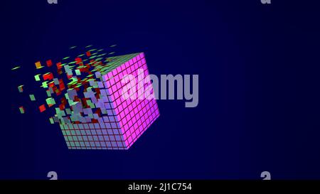 3d arrière-plan de cube abstrait. Technologie Bloc géométrique futuriste se désintégrant en particules sur fond bleu. Illustration 3D de haute qualité Banque D'Images