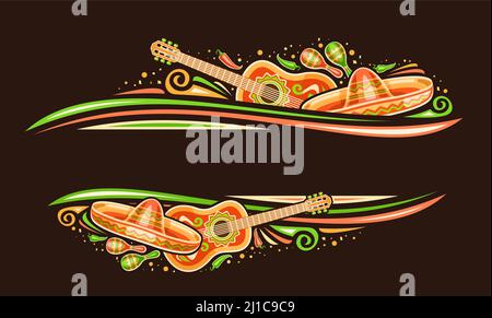 Bordure vectorielle pour Cinco de Mayo avec espace de copie pour le texte, pièce horizontale décorative avec illustration d'instruments de musique mexicains, rouge et vert Illustration de Vecteur