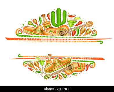 Bordure vectorielle pour Cinco de Mayo avec espace de copie pour le texte, bon décoratif avec illustration d'instruments de musique mexicains, piment rouge et vert Illustration de Vecteur