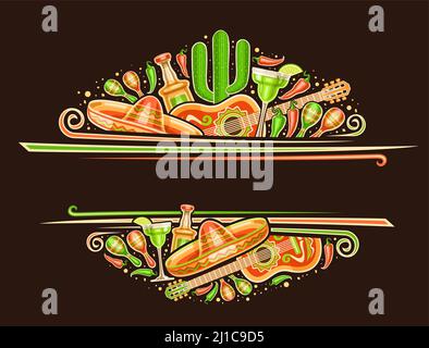 Bordure vectorielle pour le Cinco de Mayo avec espace de copie pour le texte, billet décoratif avec illustration des instruments de musique mexicains, piment rouge et vert Illustration de Vecteur