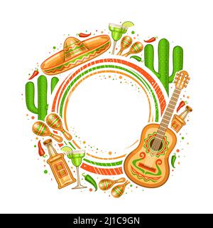 Cadre vectoriel pour Cinco de Mayo avec espace de copie pour le texte, étiquette de prix ronde décorative avec illustration d'instruments de musique mexicains, ho rouge et vert Illustration de Vecteur