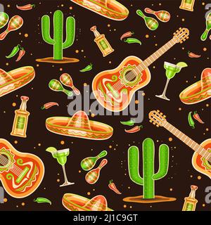 Vector Cinco de Mayo motif sans couture, fond carré répété avec jeu d'illustrations découpées instruments de musique mexicains traditionnels, Chili an Illustration de Vecteur