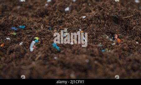 Microplastiques à l'intérieur du sol. Concept du réchauffement de la planète et du changement climatique. Pollution plastique non recyclable dans le sol sur le terrain Banque D'Images