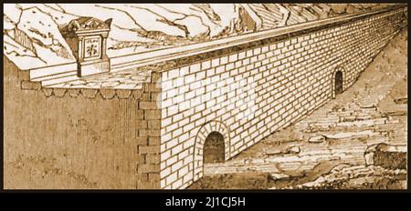 Un premier diagramme montrant comment une partie de la voie Appienne romaine a été construite au 4th siècle. La voie Appienne ainsi que d'autres architecture historique comporte des ruines du Tempio di Ercoli (Temple d'Hercules). Il relie Rome à Brindisi et fut l'une des routes romaines les plus anciennes et les plus importantes sur le plan stratégique de la République antique. Nommé d'après Appius Claudius Caecus, le censeur romain qui a construit la première section comme une route militaire vers le sud pendant les guerres de Samnite en 312 av. J.-C. . Banque D'Images