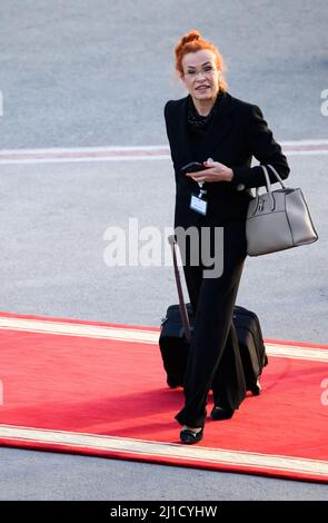 Doha, Qatar. 20th mars 2022. Augusta Spinelli, vice-président de SAP, est à bord d'un avion de l'aile de la Mission aérienne spéciale des forces armées allemandes à l'aéroport de Doha pour se rendre à Abu Dhabi (eau). Le ministre de l'économie et de la protection du climat, Habeck, effectue une visite de trois jours dans le golfe Persique. Au Qatar et dans les Émirats arabes Unis (eau), il organise de nombreuses discussions sur les importations possibles d'énergie en provenance des États du Golfe. Spinelli est en voyage d'affaires en tant que membre de la délégation. Credit: Bernd von Jutrczenka/dpa/Alamy Live News Banque D'Images