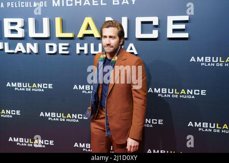 Madrid, Espagne. 24th mars 2022. L'acteur AMÉRICAIN Jake Gyllenhaal assiste à un photocall pour la première du film 'Ambulance' au cinéma Callao à Madrid. Crédit : SOPA Images Limited/Alamy Live News Banque D'Images