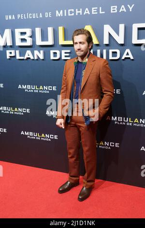 Madrid, Espagne. 24th mars 2022. L'acteur AMÉRICAIN Jake Gyllenhaal assiste à un photocall pour la première du film 'Ambulance' au cinéma Callao à Madrid. (Photo par Atilano Garcia/SOPA Images/Sipa USA) crédit: SIPA USA/Alay Live News Banque D'Images