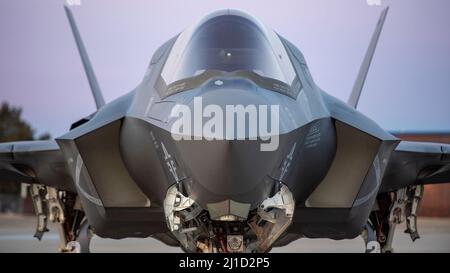 F-35B Lightning IIS, de l'escadron d'essai et d'évaluation opérationnels maritimes du corps maritime des États-Unis un (VMX-1), s'assoient sur la ligne aérienne à Gowen Field, Boise, Idaho, le 12 mars 2022. L’avion était à Boise pour s’entraîner avec des pilotes du 190th Escadron de chasseurs de la Garde nationale aérienne de l’Idaho. (É.-U. Photo de la Garde nationale aérienne par le Sgt principal. Joshua C. Allmaras) Banque D'Images