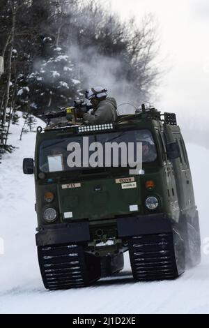 Les soldats des forces opposées utilisent un véhicule de soutien de petite unité pour attaquer les forces du 3rd Bataillon, 21st Infantry Regiment, dans la zone d'entraînement de Donnelly, au cours du joint Pacific multinational Readiness Centre 22-02, le 22 mars 2022. Cet exercice est conçu pour valider l’entraînement, la préparation et les capacités par temps froid de l’équipe de combat de la Brigade Stryker de l’Alaska 1st de l’Armée américaine, 25th de la Division d’infanterie. (Photo de l'armée/John Pennell) Banque D'Images