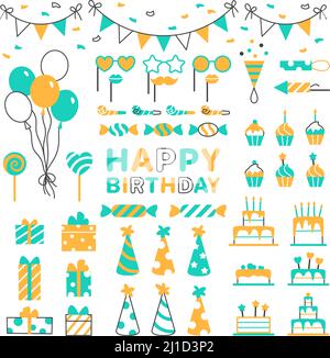 Ensemble d'icônes de la ligne plate de fête d'anniversaire. Illustration de Vecteur