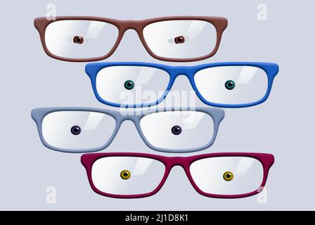 Les lunettes et les globes oculaires sont vus isolés sur un fond blanc dans une illustration de 3-d au sujet de prendre soin de vos yeux et de la vision. Banque D'Images