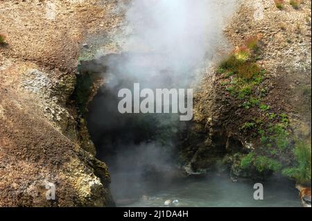 La vapeur et les vapeurs échappent à un point de repère connu sous le nom de Dragon's Mouth Spring dans le parc national de Yellowstone. L'eau coule à l'entrée de la « bouche du tragon ». Banque D'Images