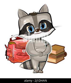 Little Raccoon veut aller à l'école. Sac à dos et livres. Un mignon petit animal rêve d'apprendre. Image dans un style de dessin animé. Isolé sur le backgro blanc Illustration de Vecteur