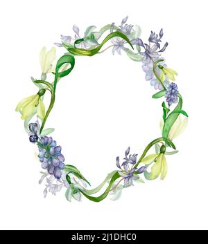 Violet, bleu, blanc fleurs de printemps aquarelle cadre d'illustration sur fond blanc. Plantes sauvages peintes à la main muscari. primula, composition en gouttes de neige Banque D'Images
